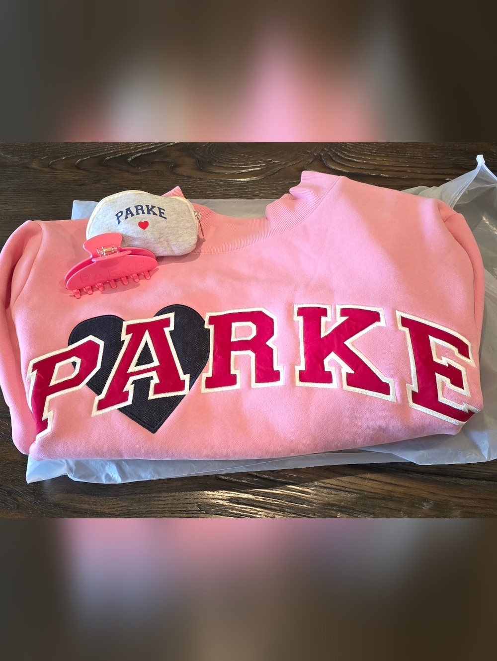 New PARKE Jean Heart Blush Varsity  Mockneck L/XL w Blush Claw Clip